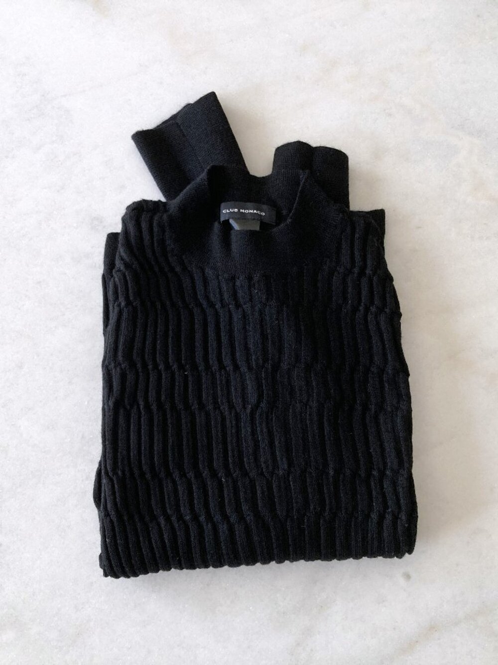 Club Monaco 100% wool black cable knit rib sweater (size M) high neck mock neck